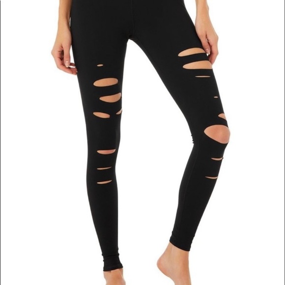 Alo Sz XS High Rise Extreme Ripped Warrior Black Leggings - Picture 3 of 16